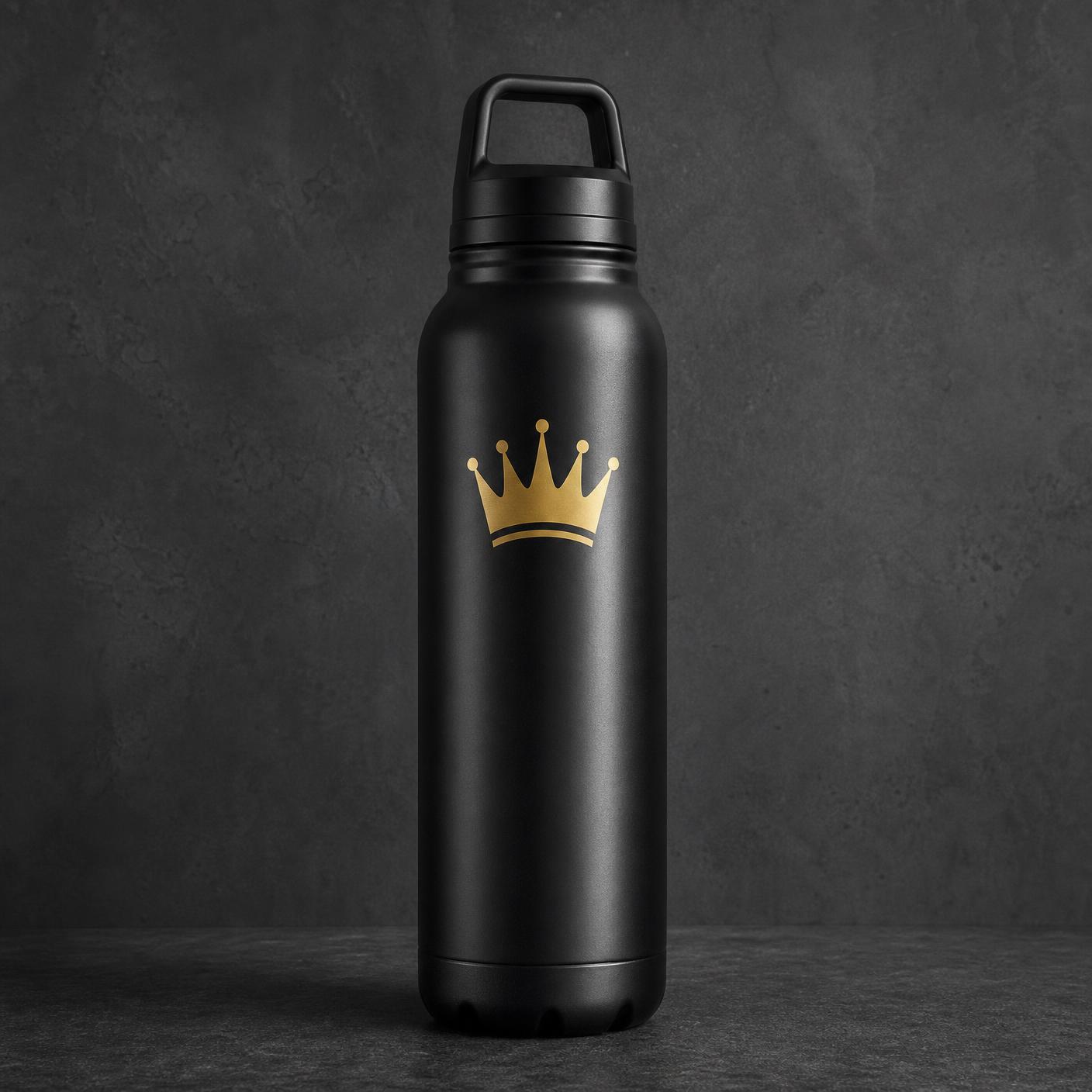 Matte black 24 oz insulated Concrete Motivation bottle with the gold CM crown mark