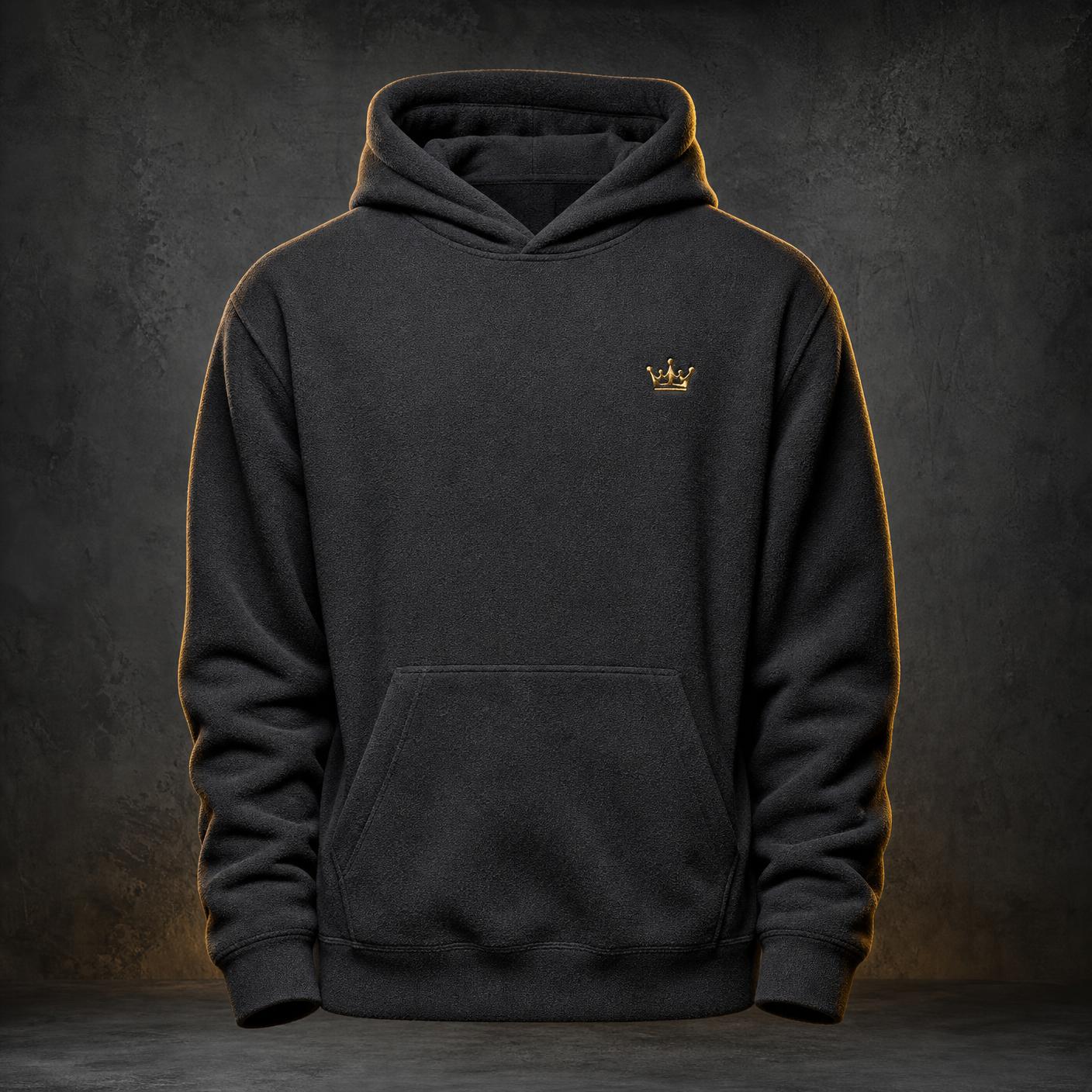 Black charcoal Concrete Motivation fleece hoodie with an embroidered gold CM crown on the chest