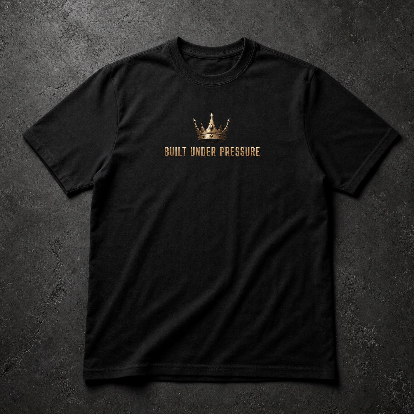 Black Concrete Motivation T-shirt with a gold CM crown above the words Built Under Pressure