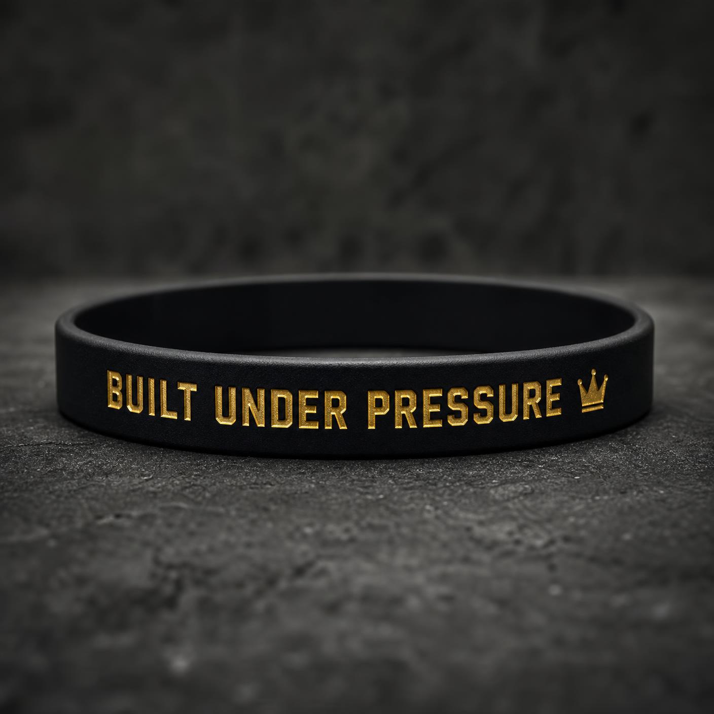 Black silicone Concrete Motivation wristband stamped Built Under Pressure in gold